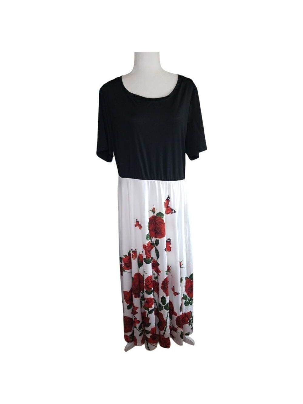 Shein Maxi Black Top White Red Rose's Bottom Size 4XL - Picture 2 of 7
